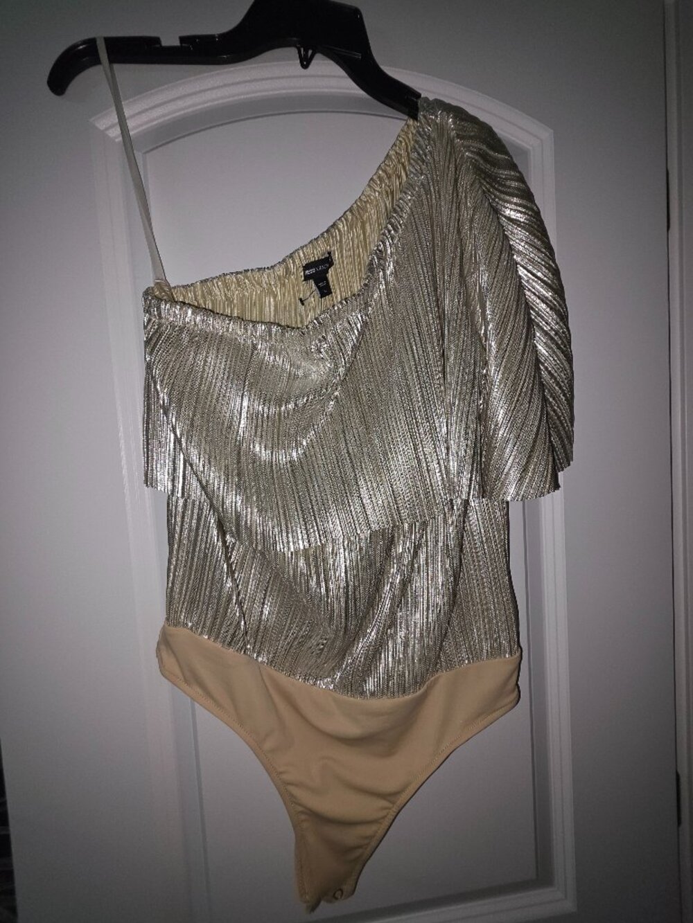 Gold metallic one-shoulder draped bodysuit